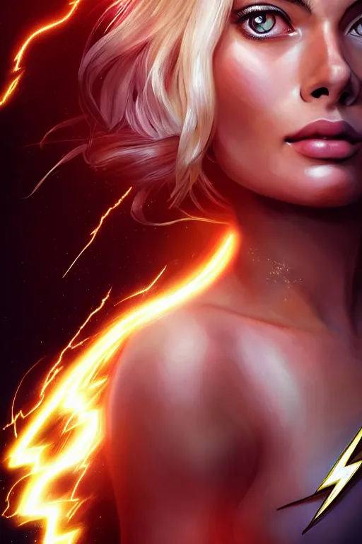 Image similar to majestic and anime key visual margot robbie female the flash, dc universe, perfect face, beautiful, intricate, epic, elegant, fantasy, highly detailed, digital painting, hard focus, beautiful volumetric lighting, epic light, ultra detailed, by leesha hannigan, ross tran, thierry doizon, kai carpenter, ignacio fernandez rios