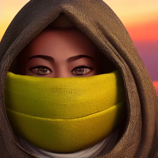 Image similar to a highly detailed, portrait of a character in a lime-colored hood with a round white mask with a smile, DeviantArt, professional, octane render, sunset lighting