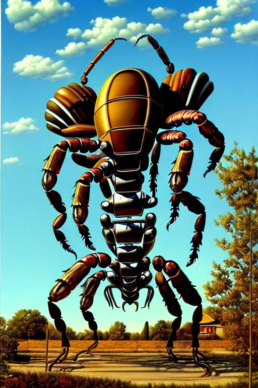 Image similar to a hyperrealistic painting of a giant metallic mechanical scorpion monster in a suburban neighborhood on a sunny day, by chris cunningham and richard corben, highly detailed, vivid color,