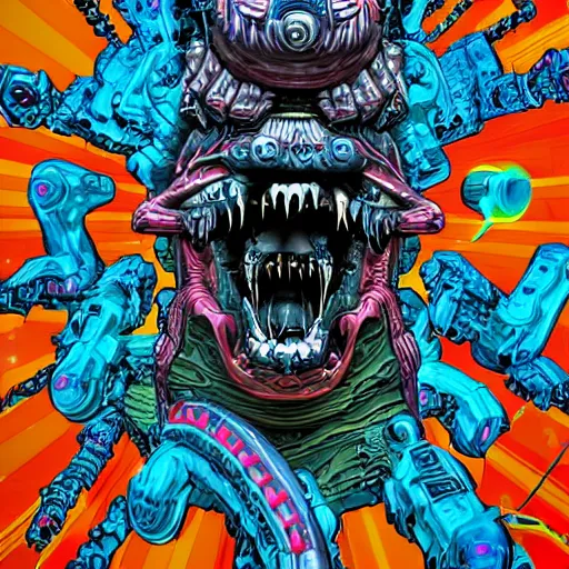 Image similar to hyper-maximalist overdetailed comic monster by beastwreckstuff and jimbo phillips. Cosmic horror infused retrofuturist style. Rendered by binx.ly in discodiffusion. Render by machine.delusions. Sharp focus.