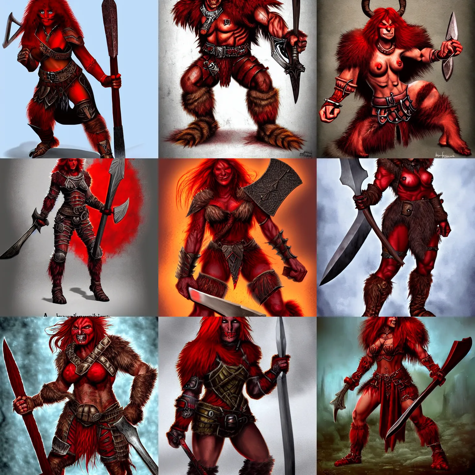 Prompt: a red female hobgoblin barbarian with fur armor, trending on deviantart, dungeons & dragons, wielding a mighty axe, digital art, fantasy