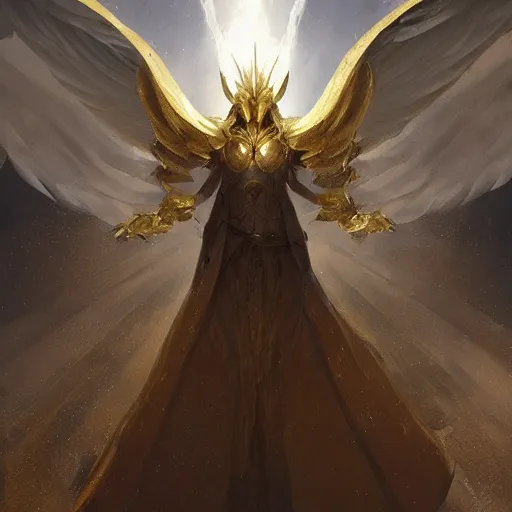 golden armored angel, wings made of light, metal halo, | Stable Diffusion