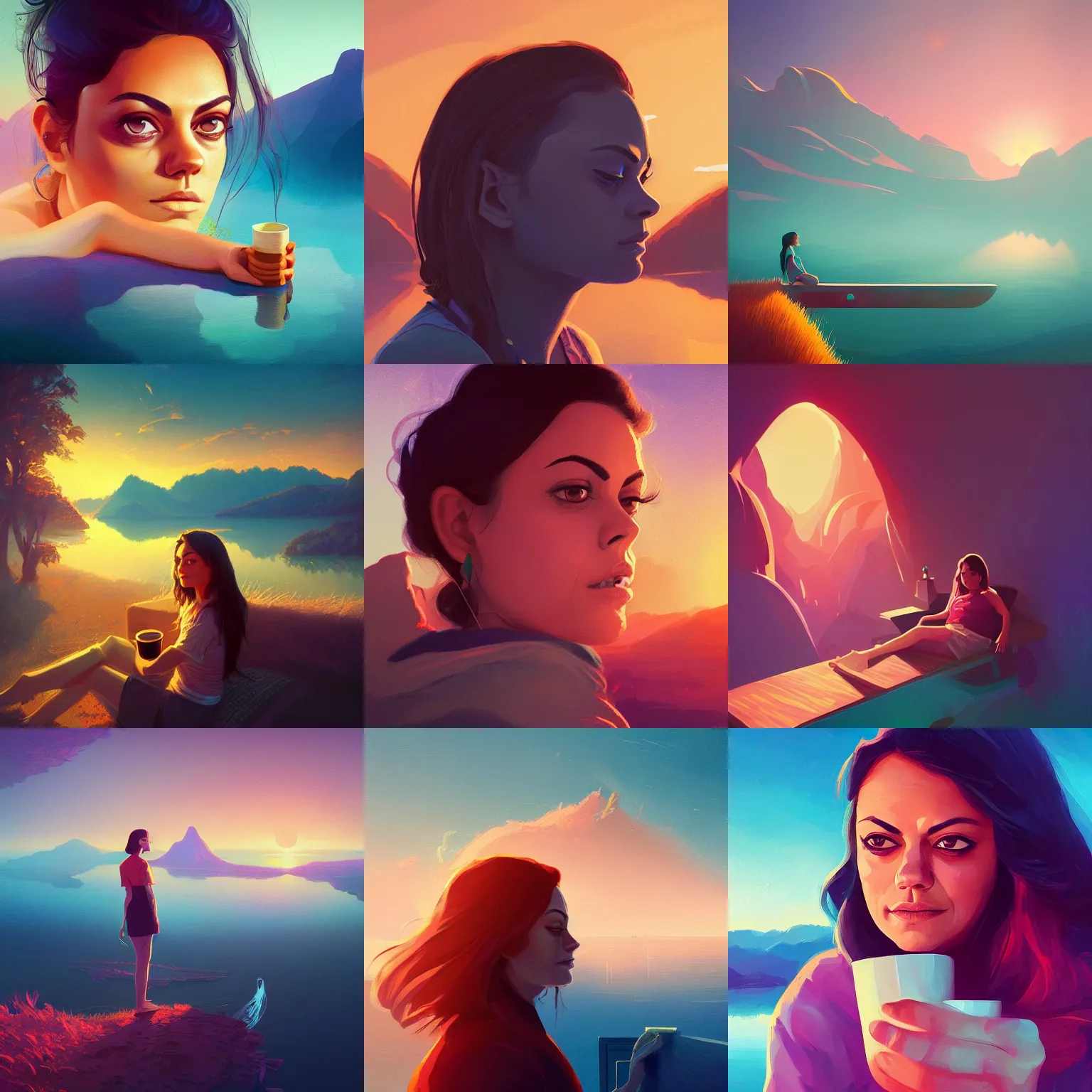 Prompt: close - up portrait of sleepy mila kunis, morning golden hour, steaming coffee, mystical lake view vista, anton fadeev, paul lehr, rhads, alena aenami