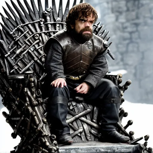 Image similar to peter dinklage sitting on the iron throne, game of thrones,, hd, 4 k, detailed, award winning