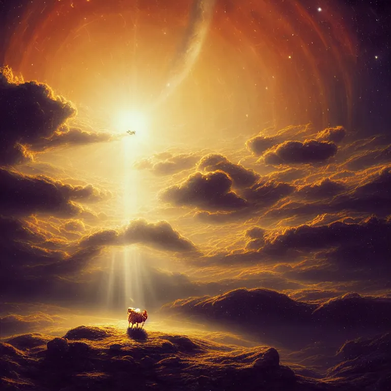 Prompt: the universe sky star orange big whole white stripes planets light creatures cycle baroque landscape painting, perfect composition, beautiful detailed intricate insanely detailed octane render trending on Artstation, 8K artistic photography, photorealistic, soft natural volumetric cinematic perfect light, chiaroscuro, award-winning photograph, masterpiece, Raphael, Caravaggio, Greg Rutkowski, Beeple