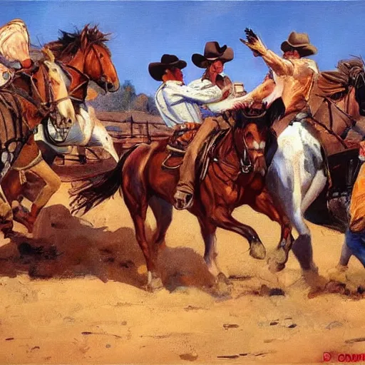Prompt: brawl in bar, western, cowboys, by tom lovell and frank schoonover and dean cornwell