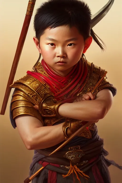 Image similar to a masterpiece portrait of nezha, highly detailed, boy hold spear, chinese fantasy, highly detailed, digital painting, trending on artstation, concept art, sharp focus, illustration, global illumination, ray tracing, realistic shaded, art by artgerm and greg rutkowski and fuji choko and viktoria gavrilenko and hoang lap