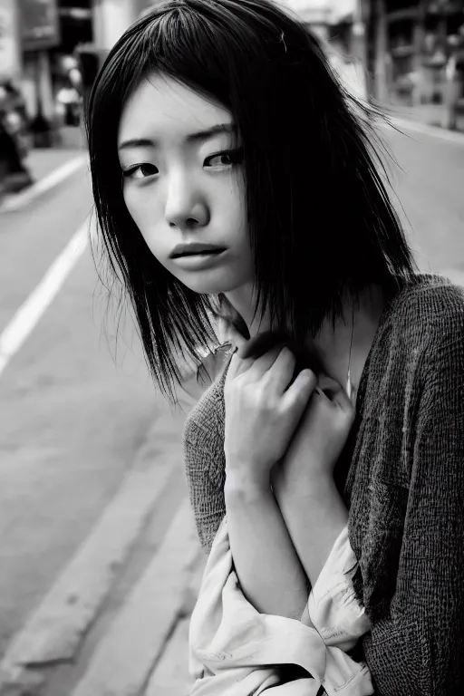 Image similar to a beautiful gorgeous Japanese edgy model girl with short hair, she's sad, sunset, street of Hong Kong, 80mm lens, 1.2 aperture, grainy image, close up, cinematic light, very detailed, depressing atmosphere, cover magazine