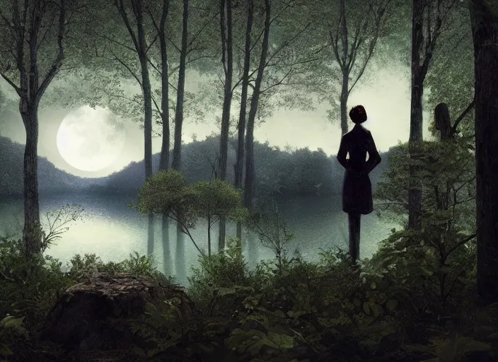 Prompt: A watcher, hidden in the forest spies on the young couple in the distance by the lake, view from behind the watcher his vision is slightly obscured by the foliage, moonlight,