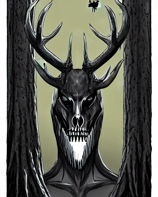 Prompt: Style Tim Jacobus and Rafael Albuquerque,Wendigo with long antlers, deer face skeletal, full body, symmetrical face, yellow eyes, fully detailed face, attacking a woman in the woods, night time, full mood, fog, realistic, scary, horror