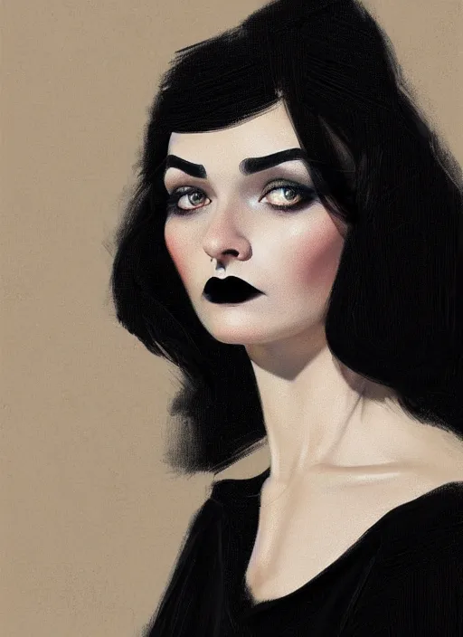 Prompt: portrait of a round faced woman with a crooked nose and a confident expression, 1 9 6 0 s, black clothes, goth, punk, funk, intricate, elegant, highly detailed, digital painting, artstation, concept art, smooth, sharp focus, illustration, art by wlop, mars ravelo and greg rutkowski