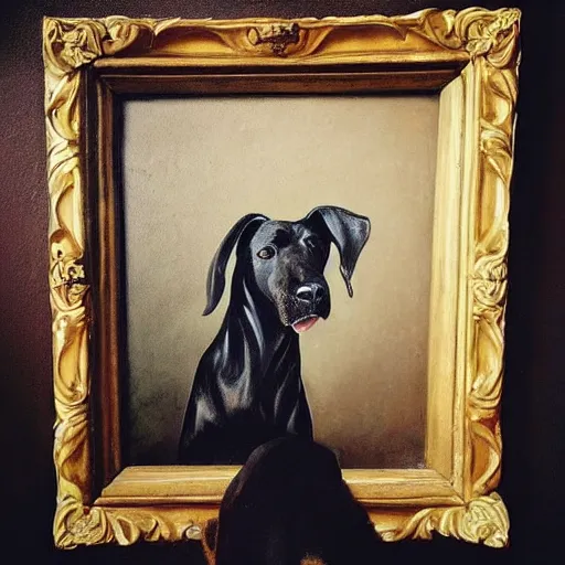 Image similar to “Renaissance Portrait of a big happy black dog”