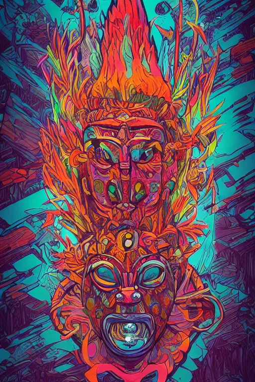 Image similar to totem animal tribal chaman vodoo mask feather gemstone plant wood rock video game illustration vivid color borderlands by josan gonzales and dan mumford radiating a glowing aura