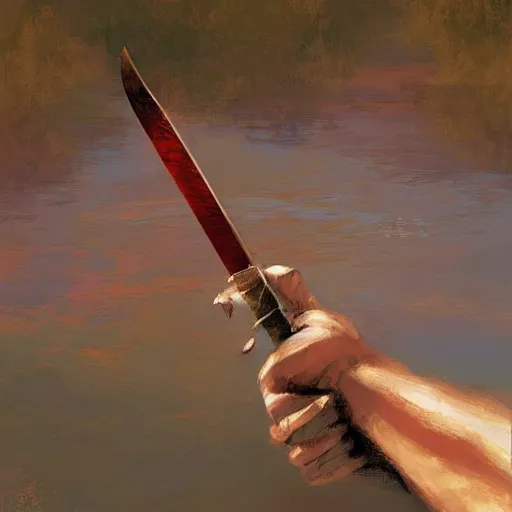 Image similar to digital painting of a hand holding a sword coming out of a lake by james gurney, craig mullins