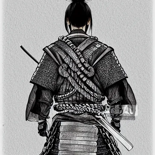 Image similar to A PORTRAIT FROM BEHIND OF A SAMURAI ,THE THE MAN IS WRAPPED IN CHAINS ,detailed, concept art, ink style , sketch