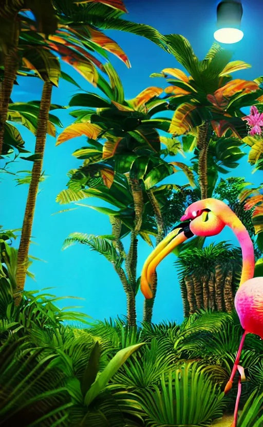 Image similar to unreal engine 5 8 k uhd render of an flamingocore tropicalwave junglepunk abstrafractalmancer, photorealistic, animal photography, photo safari, fashion shoot, lush tropical surroundings, volumetric lighting, sunlight, 1 0 5 mm lens