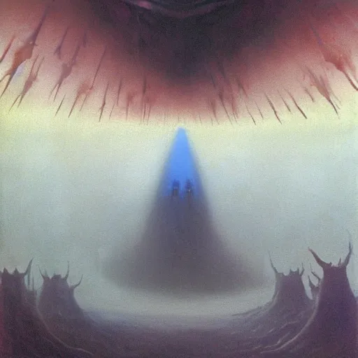 Prompt: blue robed pointy hat wizard with shadowed face casting glowing beam spells in an abyssal rift, surrounded by horde of terrible monsters approaching, painting by zdislaw beksinski, 8k, fantasy art, detailed, epic
