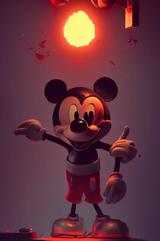 Image similar to mechanics working and repairing mickey mouse bloody head, made by beeple, greg rutkowski, unreal engine, octane render, highly detailed 4 k art, smooth, sharp focus, cinematic lighting, volumetric lighting, artstation,