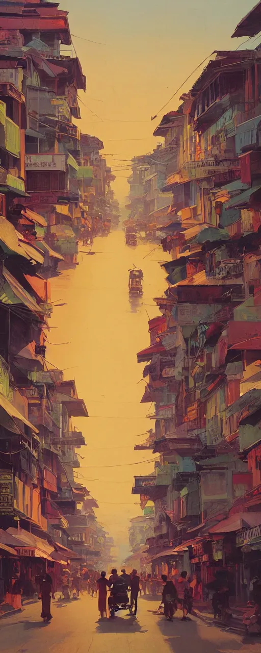 Image similar to Downtown Saigon, dramatic cinematic lighting, rich colors, golden age illustration, by Sylvain Sarrailh and Nicholas Roerich and Ludwig Deutsch and April Gornik