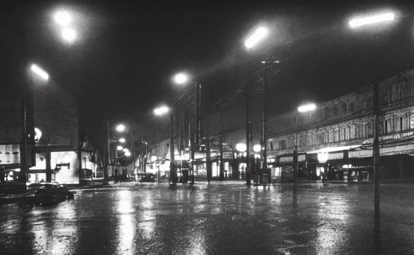 Image similar to 70s movie still of a soviet street from Sarajevo with cars and pedestrian , Cinestill 800t 18mm black and white, heavy grainy picture, very detailed, high quality, 4k panoramic, cinematic, neon billboards at night, rain, mud