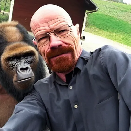 Prompt: walter white taking a selfie with a gorilla