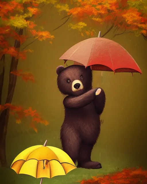 Image similar to autumn a bear with an umbrella by samuel smith trending on artstation