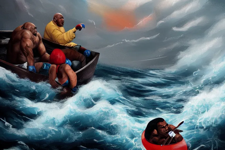 Image similar to Mike Tyson And Rocky are sitting in a boat on rough seas, stormy weather, award winning illustration, trending on artstation