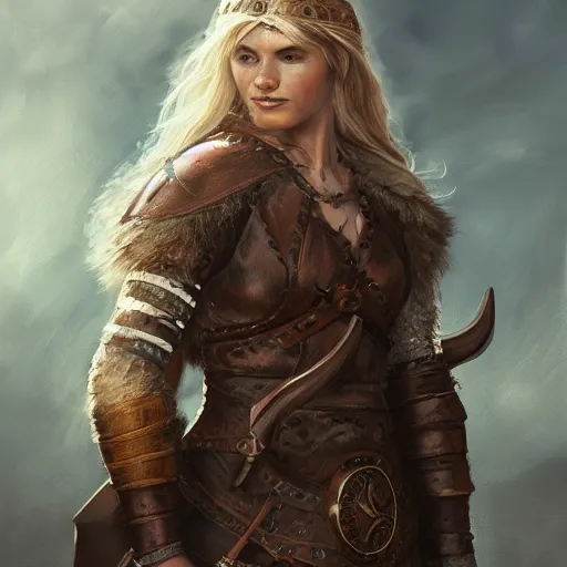 Image similar to viking shield maiden, painted by othon nikolaidis. 4 k, 8 k, hyper detailed, concept art master work, trending on artstation, beautiful, gorgeous, mythic, dramatic lighting,