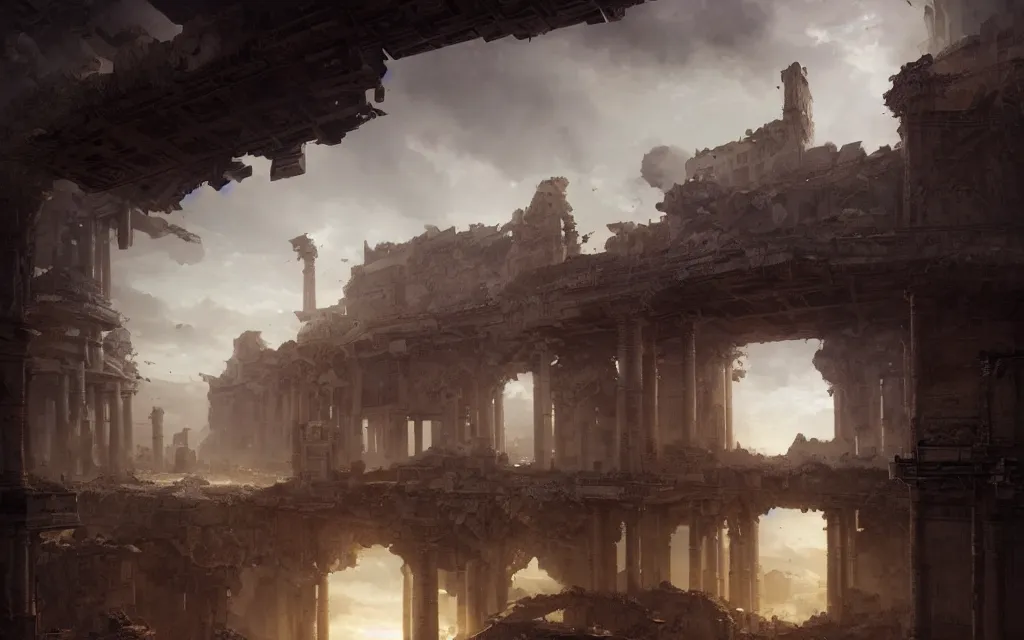 Image similar to longshot photograph of advanced civilization city ruins floating in a disc in the sky by hubert robert, lee madwick and bastien lecouffe - deharme, 8 k artstation, cinematic dramatic lighting, high contrast