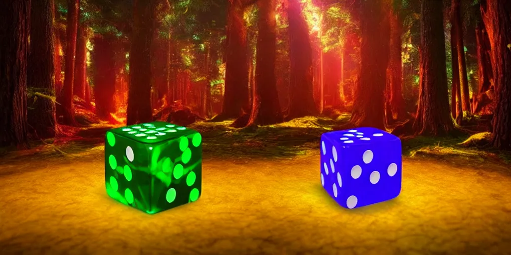 Prompt: forest god rolling giant magical 3 d d 6 casino dice cube, glowing, energy radiating, fantasy forest in the background, 4 k detailed, symmetry, by shaddy safadi and cam sykes and james paick