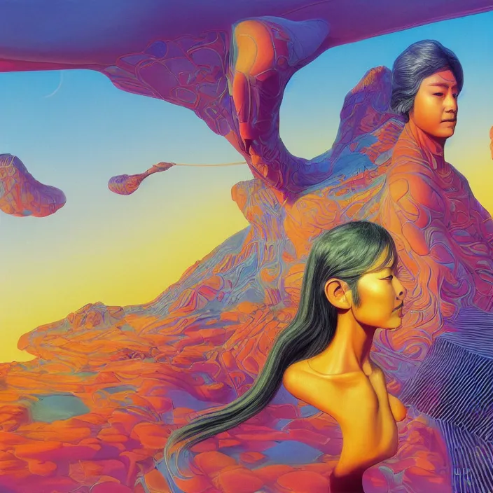 Prompt: kpop idol, science fiction, extremely detailed, sharp focus, pastel colors, intricate, realistic, smooth, volumetric lighting, digital painting, by roger dean, by peter max, by alex grey, by moebius