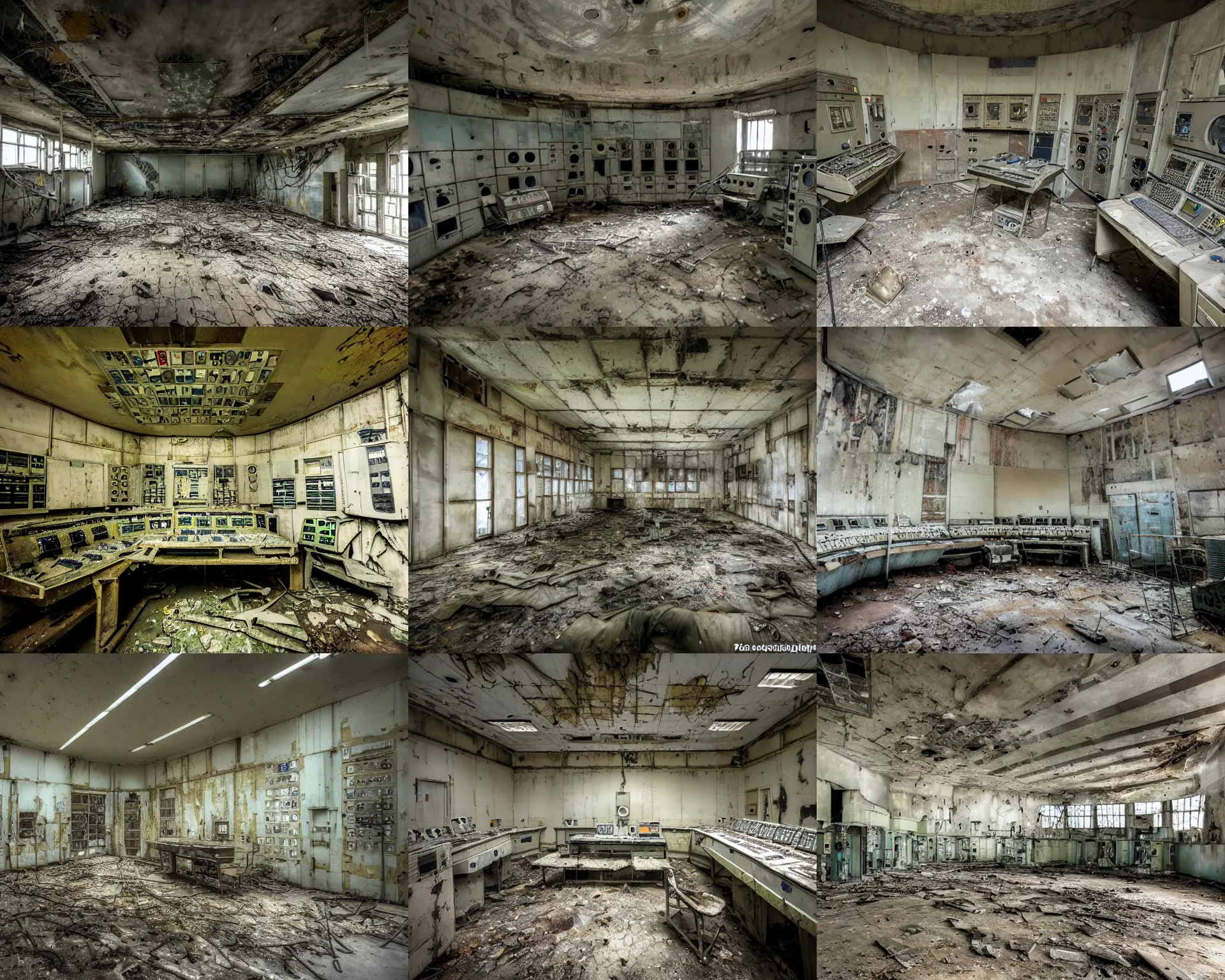 Prompt: photo of interior view of abandoned Chernobyl nuclear plant control room, filthy, disused, radiation emanating, documentary photograph