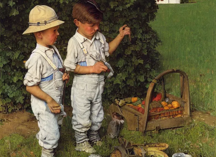 Image similar to high quality high detail painting by norman rockwell, hd, two young boys wearing overalls, farm, muted pastel colors, photorealistic lighting