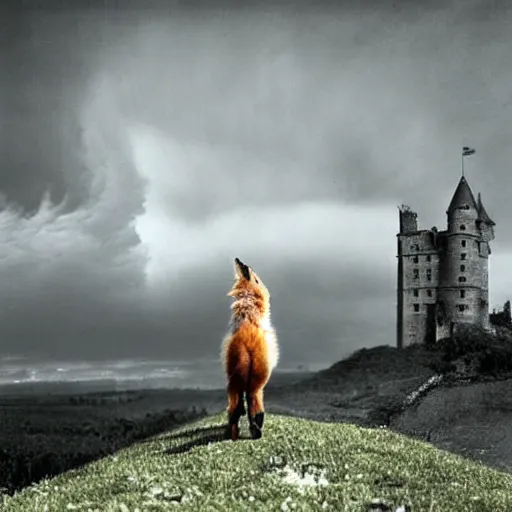 Prompt: anthropomorphic fox!! who is a me - dieval knight holding a swo - rd towards a stormy thundercloud [ 1 9 3 0 s film still ], ( castle in the background )