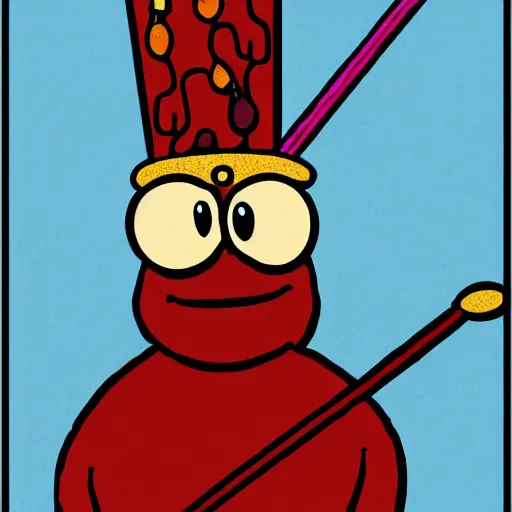 Image similar to kidney bean holding a staff, wearing crown, cartoon character, digital art, fun,