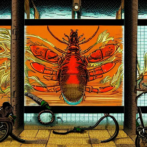 Image similar to lobster skater, inside a frame on a tiled wall, frontal picture, by yoichi hatakenaka, masamune shirow, josan gonzales and dan mumford, ayami kojima, takato yamamoto,