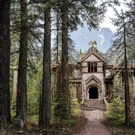 Prompt: a spooky gothic mansion in the woods with mountains in the back, a trail leads to the doors. amy weber, andi rusu, Dan Frazier