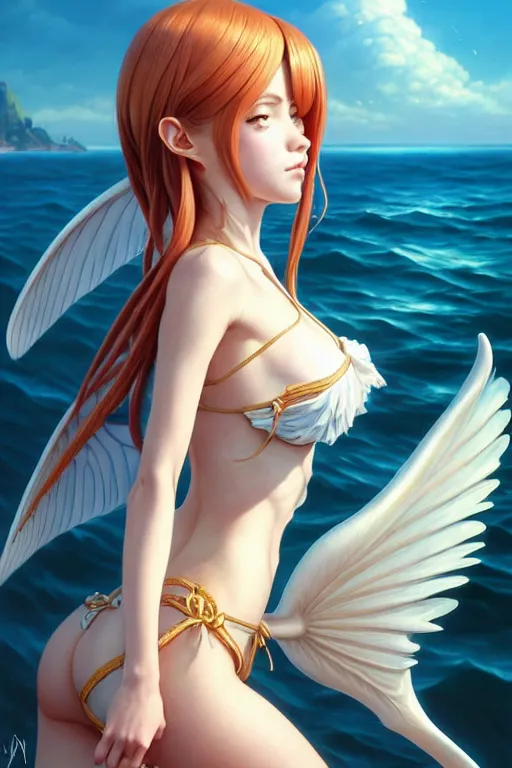 Prompt: 3 / 4 view of a portrait of cute sea woman with fish wings, confident pose, pixie, genshin impact,, intricate, elegant, sharp focus, illustration, highly detailed, concept art, matte, trending on artstation, anime, art by wlop and artgerm and greg rutkowski, ilya kuvshinov, strong strokes, photo of asuna from sao