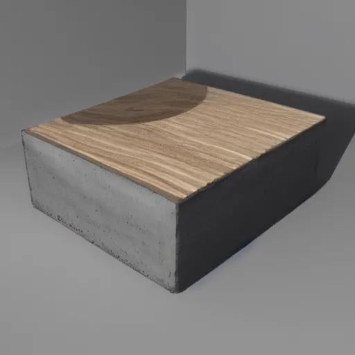 Image similar to high tech concrete bench cube, natural wood, minimal, dramatic lighting and composition, trending on artstation, concept art