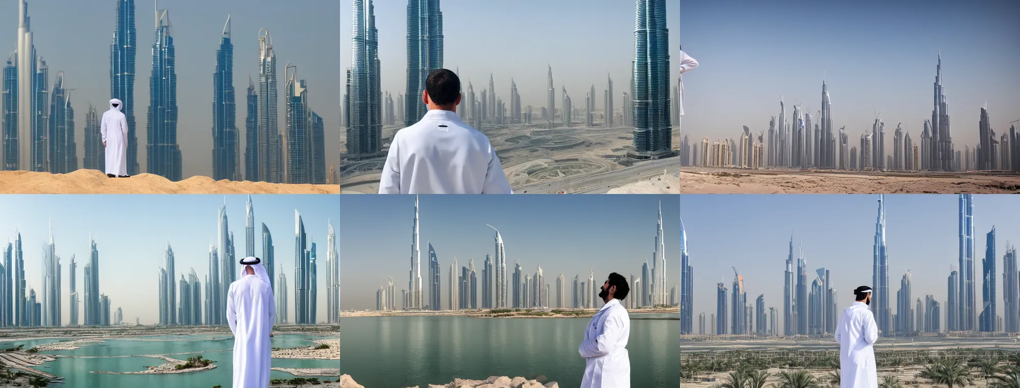 Prompt: a person in a white lab coat gazing at the dubai skyline