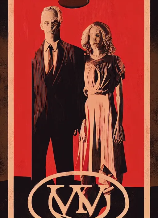 Image similar to Twin Peaks poster artwork by Michael Whelan and Tomer Hanuka, Karol Bak of Naomi Watts Jon Hamm husband & wife portrait, creepy smiles, from scene from Twin Peaks, clean, simple illustration, nostalgic, domestic, full of details