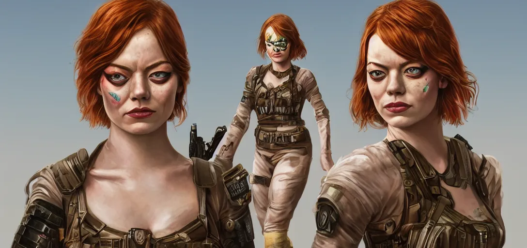 Image similar to character sheet concept art of emma stone as a special forces superhero, gypsy, face paint, realistic, hyperrealistic, photographic, costume, wlop, dan mumford, greg rutkowski, high detail, octane render, alexander mcqueen, james gurney, photo, 8 k, mucha, james jean, intricate