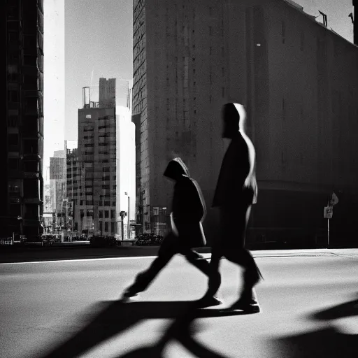 Prompt: an urban photograph of two shadowy figures, long exposure, 35mm, black-and-white