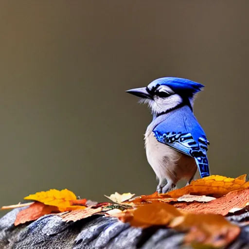 Image similar to bluejay standing next to a river in a forest in autumn