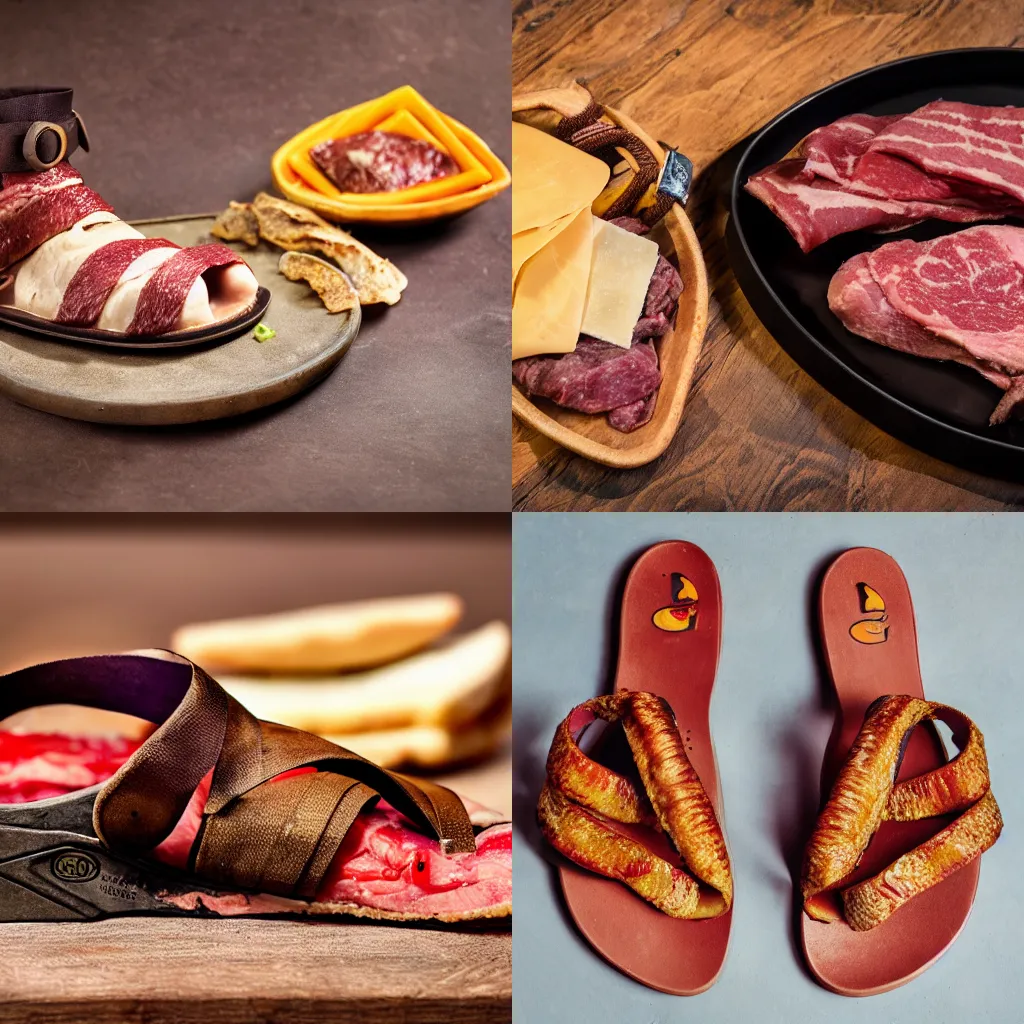 Prompt: Chaco sandal filled with meat and cheese, food photography, HDR, DSLR, Michelin star, detailed, 4k