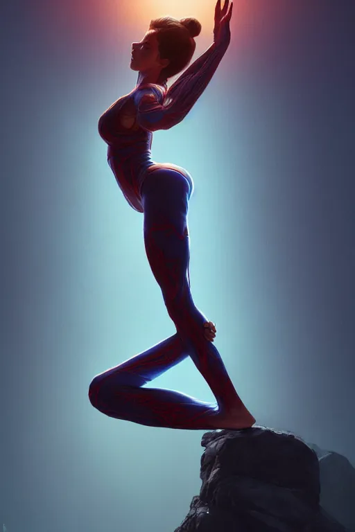 Prompt: detailed intricate digital illustration by greg rutkowski and artgerm and wlop and sanford robinson gifford ; yoga pose. radiant glowing veins ; 1 3 mm film, arri alfa anamorphic lens, sharp focus ; lit from behind, edge lighting, trending on artstation 8 k