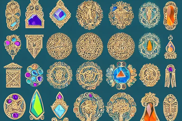 Image similar to illustration of design sheet of sets of various figures carved out of gemstones, prismatic colors, magic trinkets, ornate patterns