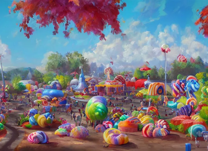 Image similar to candy zoo park for a game candy themed, top angle, oil painting by jama jurabaev, extremely detailed, brush hard, artstation, for aaa game, high quality, brush stroke