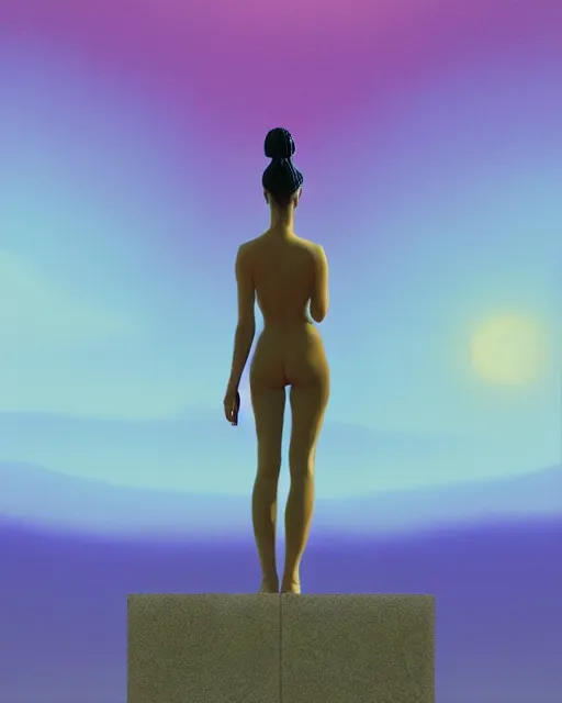 Image similar to a painting of a woman standing in front of a statue, a screenshot by stanley twardowicz, cgsociety, aestheticism, aesthetic, vaporwave, anime aesthetic