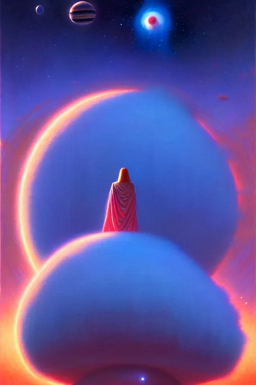 Prompt: a giant woman in a giant blue cloud planet in space, tim hildebrandt, wayne barlowe, bruce pennington, donato giancola, trending on artstation, cinematic composition, beautiful lighting, hyper detailed, 8 k, oil on canvas